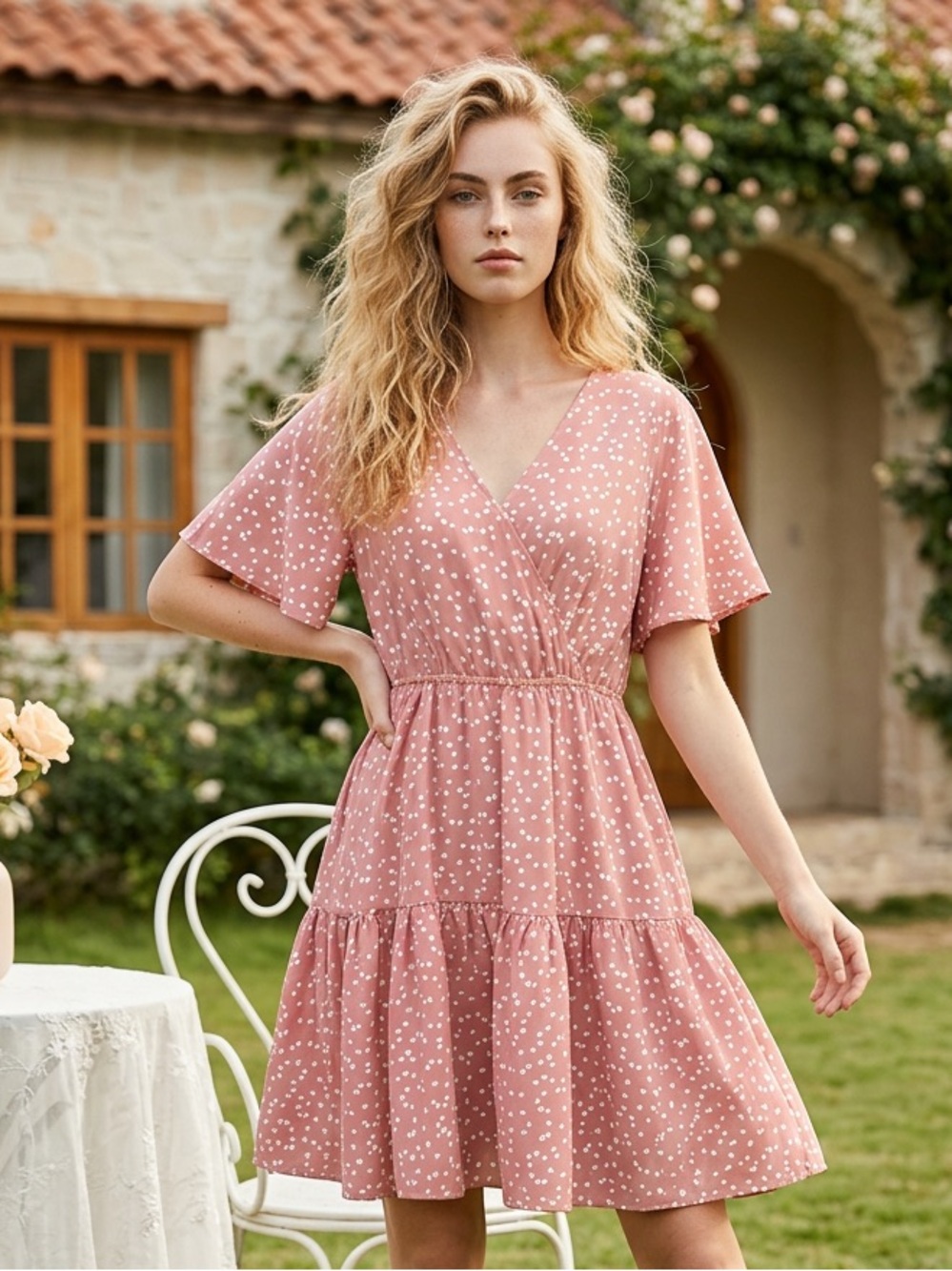 Flutter Sleeve Peach Tiered V-Neck Mini Dress